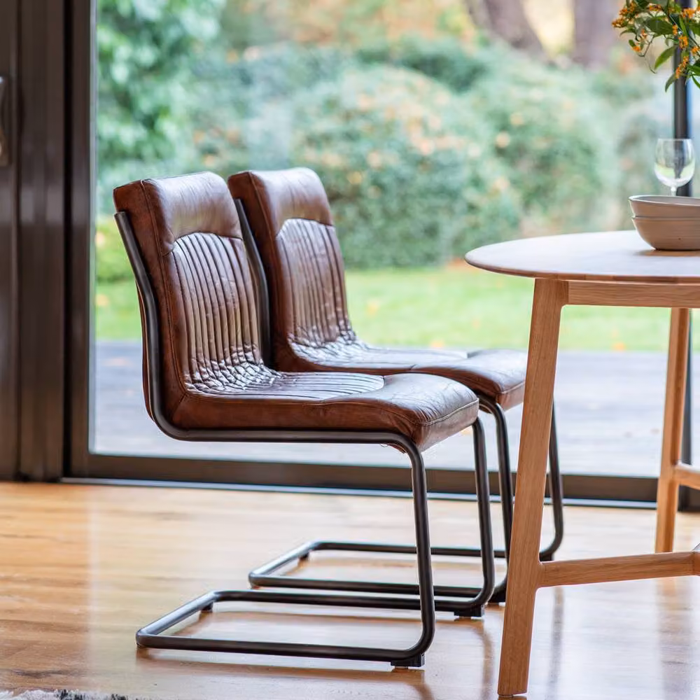 IH Design Set of 2 Modern Brown Leather Dining Chairs with Cantilever Metal Base – 6