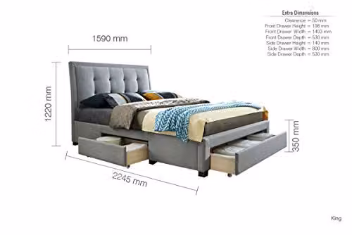 Birlea Shelby Chesterfield Upholstered Fabric Storage Bed with Drawers, Grey, W/D/H: 180 x 150 x 122 cm – 2
