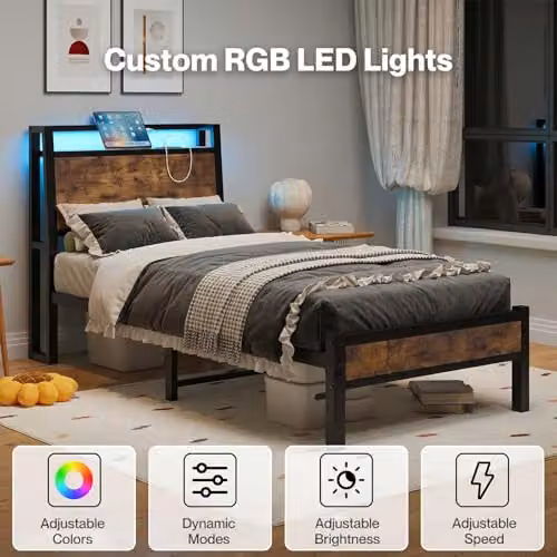 Levede 3ft Single Bed Frame in Black with LED Lights, Charging Station and Storage Headboard, W/D/H: 90 x 190 cm – 3