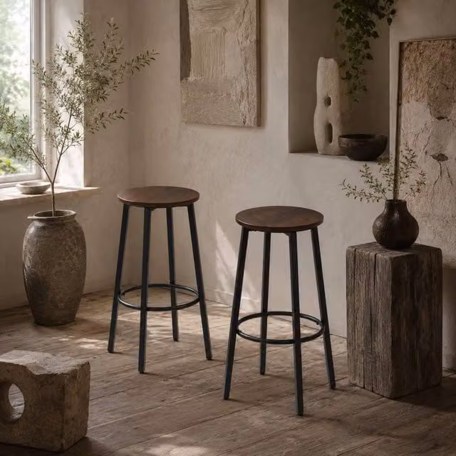 Wyld Haus Kabato Industrial Bar Stools Set of 2, Brown and Black Metal and Wood – 1
