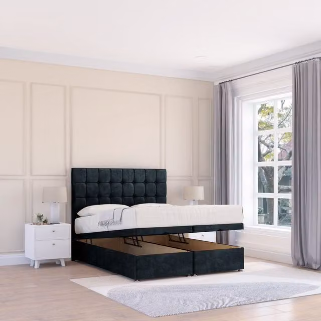 Sloomy Alabama Naples Black Fabric Ottoman Bed with Hybrid Memory Mattress and 26 Inch Strut Headboard, W/D/H: 140 x 200 cm, Double