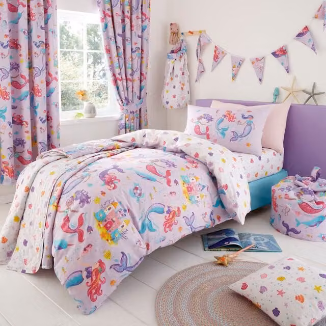 Happy Linen Company Magical Mermaids Kids Reversible Duvet Cover and Pillowcase Set, Purple and Multicolour, W/D/H: 140 x 200 cm and 50 x 75 cm