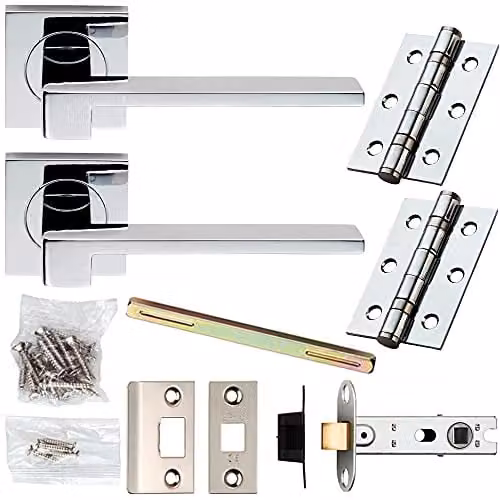 Loops Chrome Modern Flat Slim Bar Door Handle and Latch Pack with Square Rose