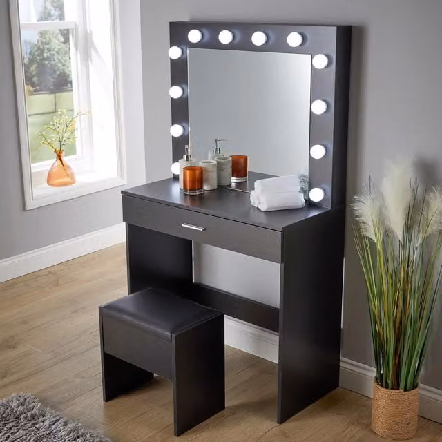 Home Source Ella Dressing Table with Mirror and Stool in Black
