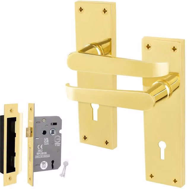 AFIT Polished Brass Sashlock Door Handle Set with Backplate in Gold, 15 x 15 cm – 1