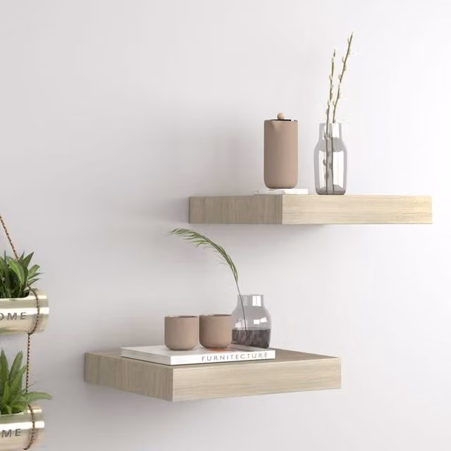 Berkfield Home Floating Wall Shelves, 2 Piece Oak MDF Set in Brown, W/D/H: 23 x 23.5 x 3.8 cm