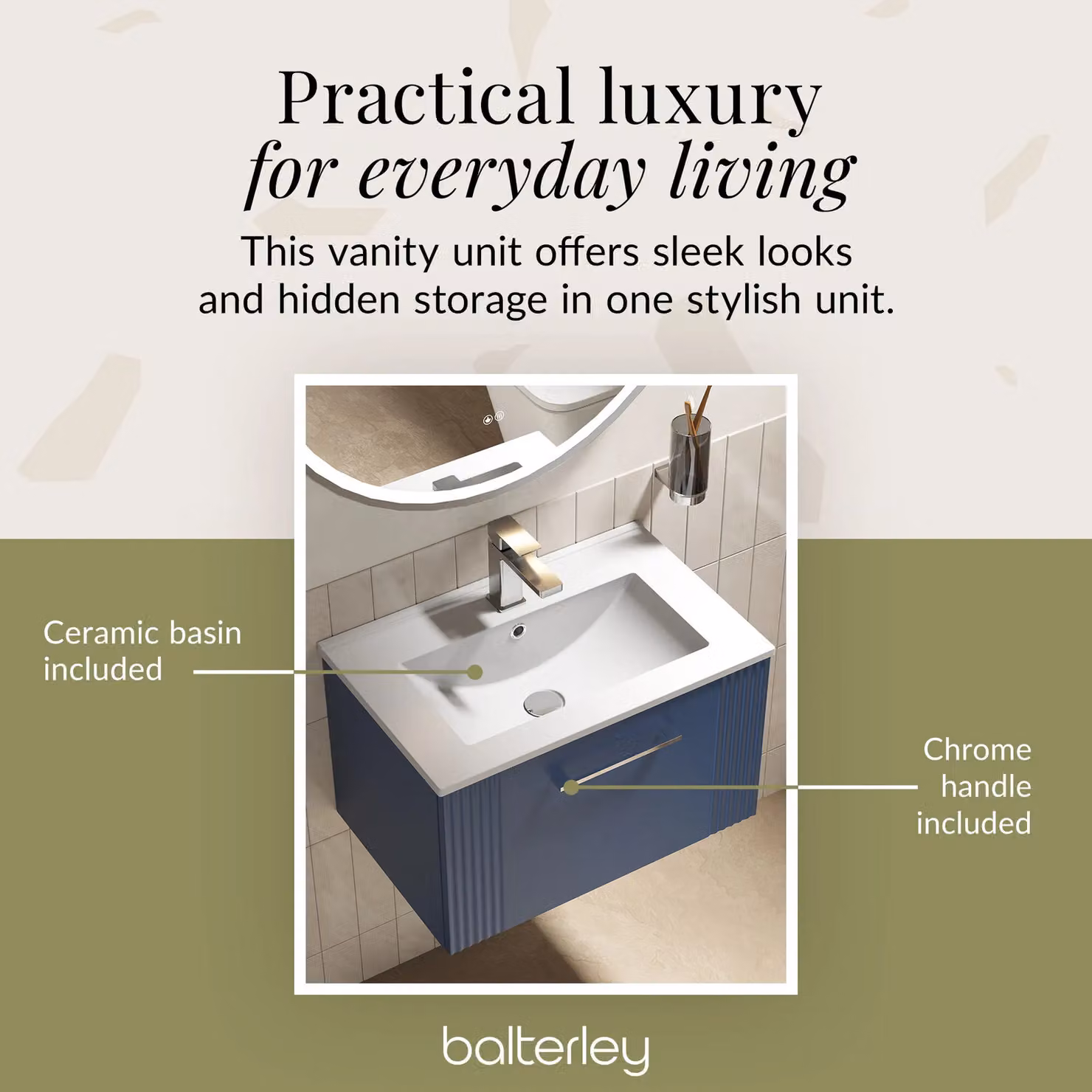Balterley Wall Hung 1 Drawer Vanity Unit with Minimalist Basin, Satin Blue, W: 60 cm, D: 39.5 cm – 3