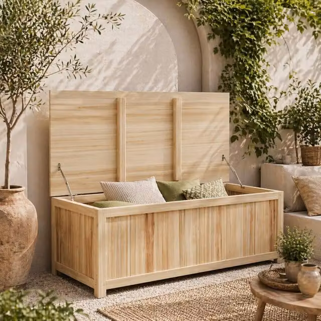 Wyld Haus Mavise Safi Natural Wood Panelled Outdoor Storage Box, Brown, W/D/H: 120 x 55 x 55 cm