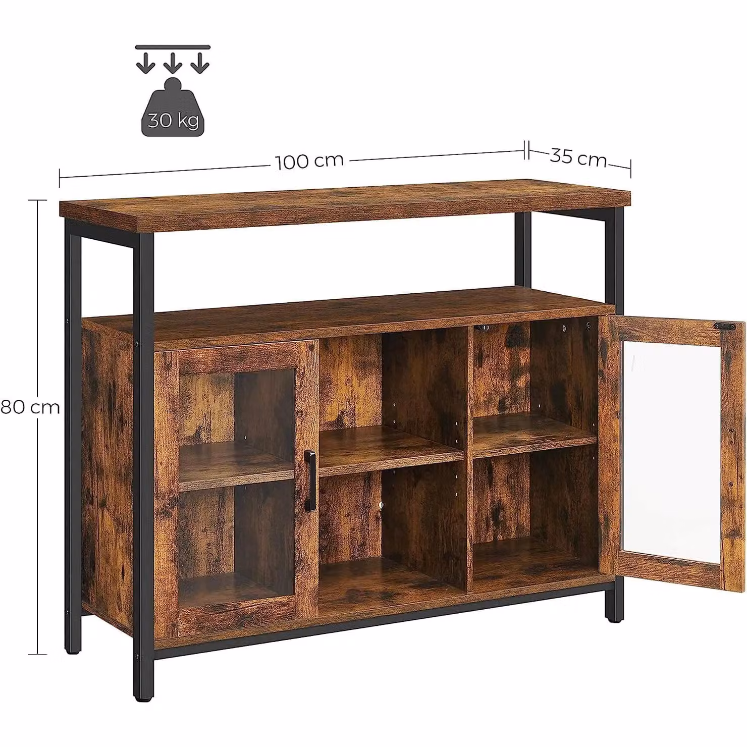 VASAGLE Industrial Sideboard Buffet and TV Cabinet with 2 Transparent Glass Doors in Brown – 3