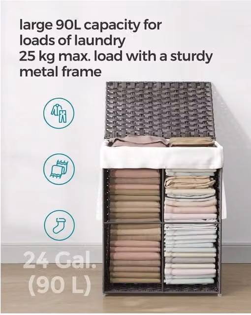 SONGMICS 90L Synthetic Rattan Laundry Basket with Lid and Removable Bag in Grey
