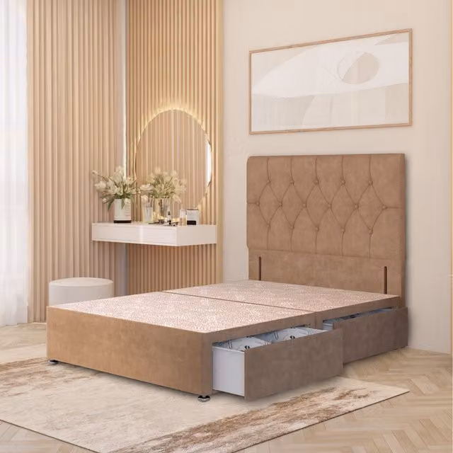 Somnior Beds Ltd Chesterfield Velvet Divan Bed Base with Drawers and Upholstered Frame, Beige, W/D/H: 180 x 200 cm