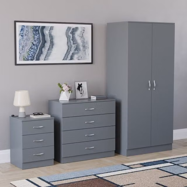 Vida Designs Riano 3 Piece Modern Grey Bedroom Set including Wardrobe, Chest of Drawers and Nightstand