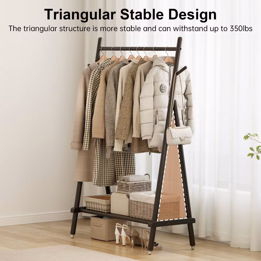 YQJJGL Rolling Solid Wood Coat Rack with Hanging Rod and Storage Shelves in Matt Black – 5
