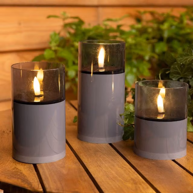 Lumineo Set of 3 Grey Solar Pillar Candle Lights with Timer and Rechargeable Battery for Garden Tabletop Use