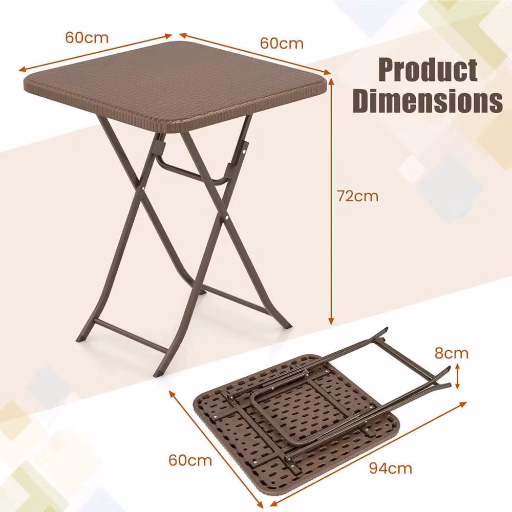 KORVIXA Brown Rattan Textured Folding Picnic Table for Indoor and Outdoor Use, W/D/H: 100 x 100 x 72 cm – 2