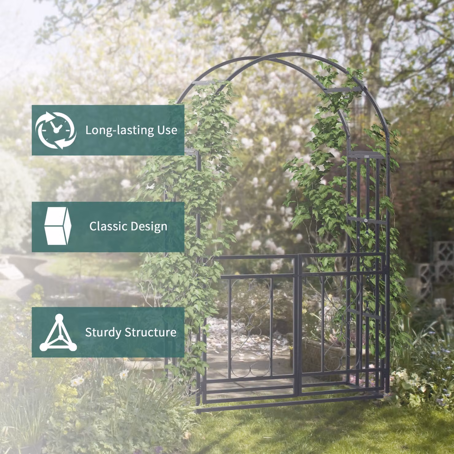 Outsunny Metal Garden Arch with Double Gates for Climbing Plants and Roses, Dark Grey, W: 114 cm, D: 50 cm, H: 206 cm – 5