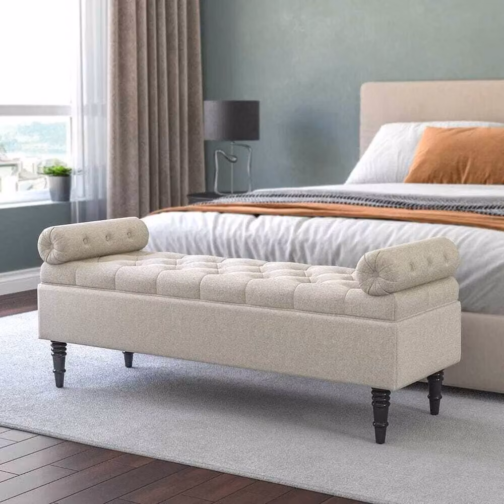 FORGEVIO Off-White Velvet and Linen Fabric Ottoman Storage Bench – 2