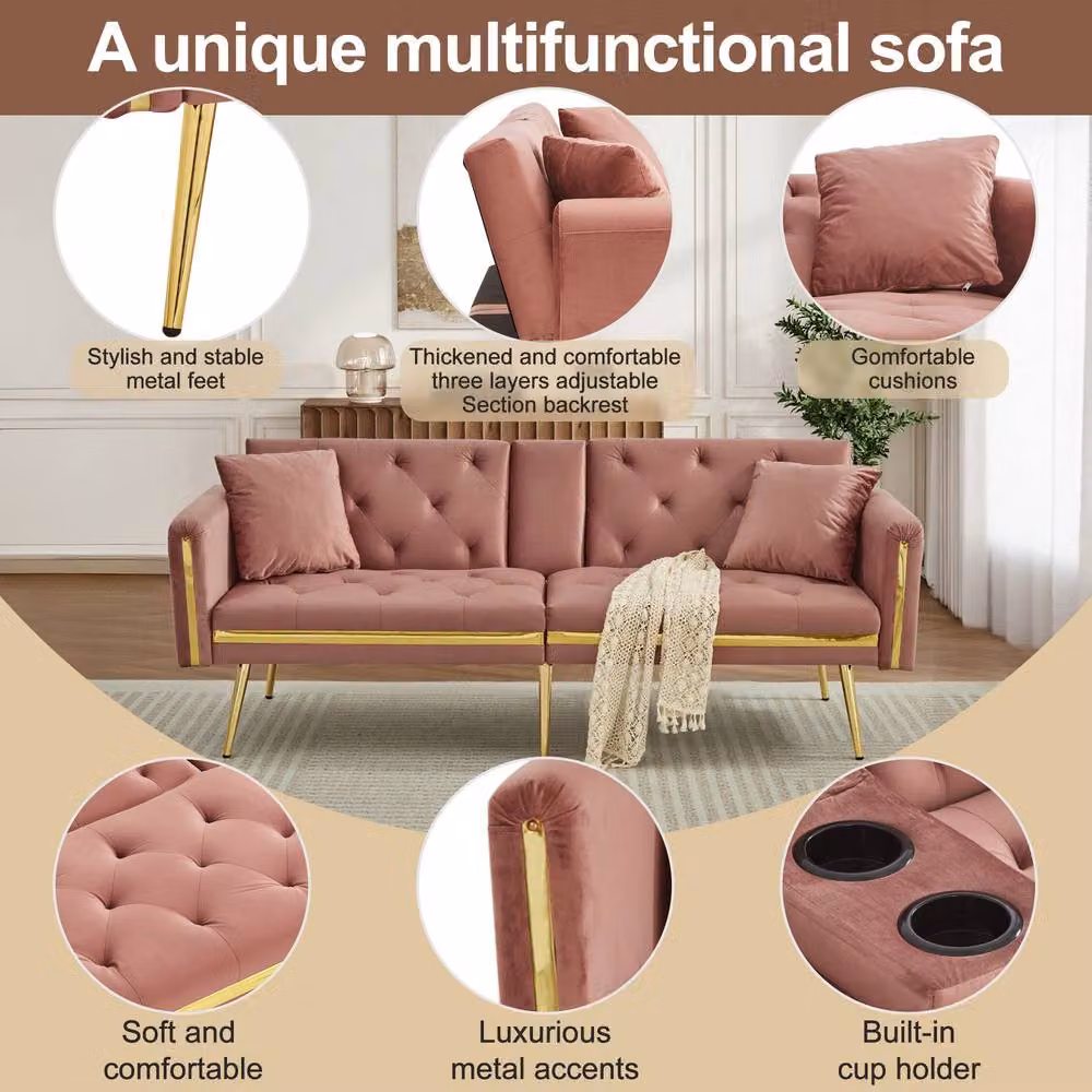 BTM Pink Velvet Two Seater Sofa Bed with Adjustable Headrest and Cup Holders, W/D/H: 174 x 150 x 76 cm – 3