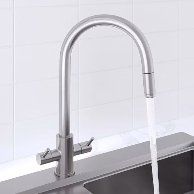 Moritza Brushed Nickel Twin Lever Pull Out Kitchen Mixer Tap in Solid Brass