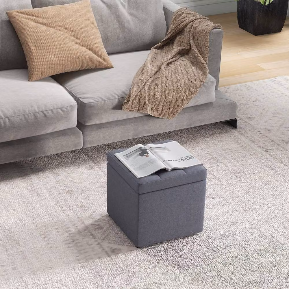 Costway Square Storage Ottoman in Grey Linen Fabric with Wood Frame – 6