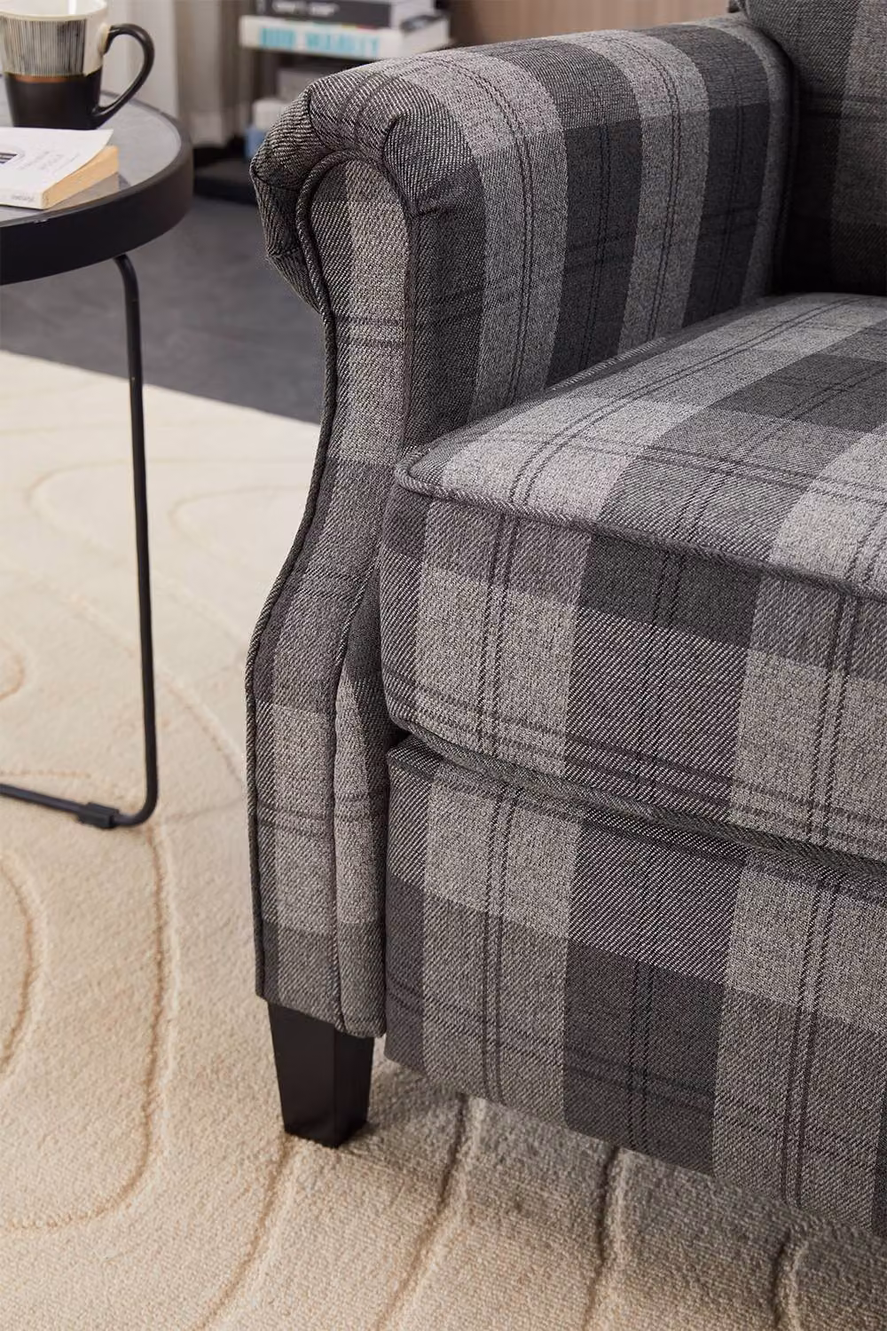 Living and Home Vintage Grey and Black Checked Linen Upholstered Recliner Chair with Adjustable Backrest and Armrests – 4