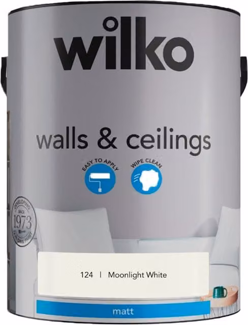 wilko Walls and Ceilings Matt Emulsion Paint, Moonlight White, 5 l