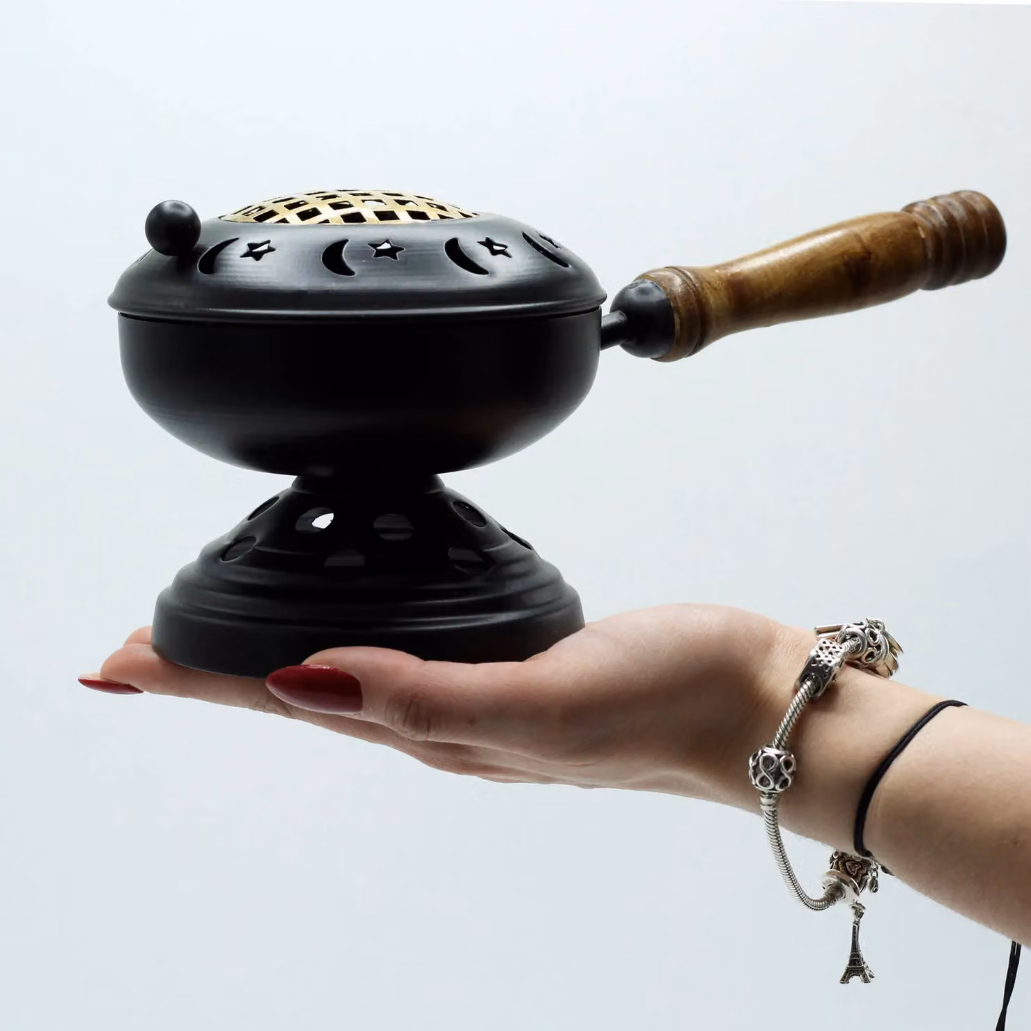 KDMD Large Metal Iron Censer Incense Burner on Stand in Grey with Gold Detail – 3