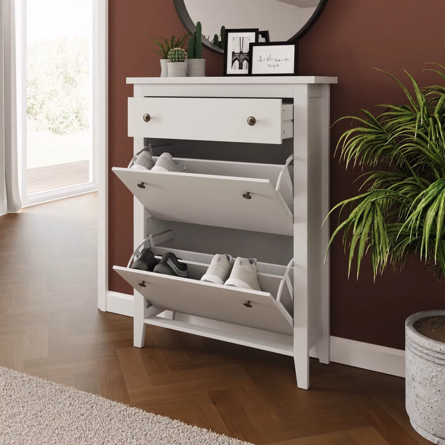 GFW Deluxe Two Tier White Shoe Cabinet with Tilting Compartments – 3