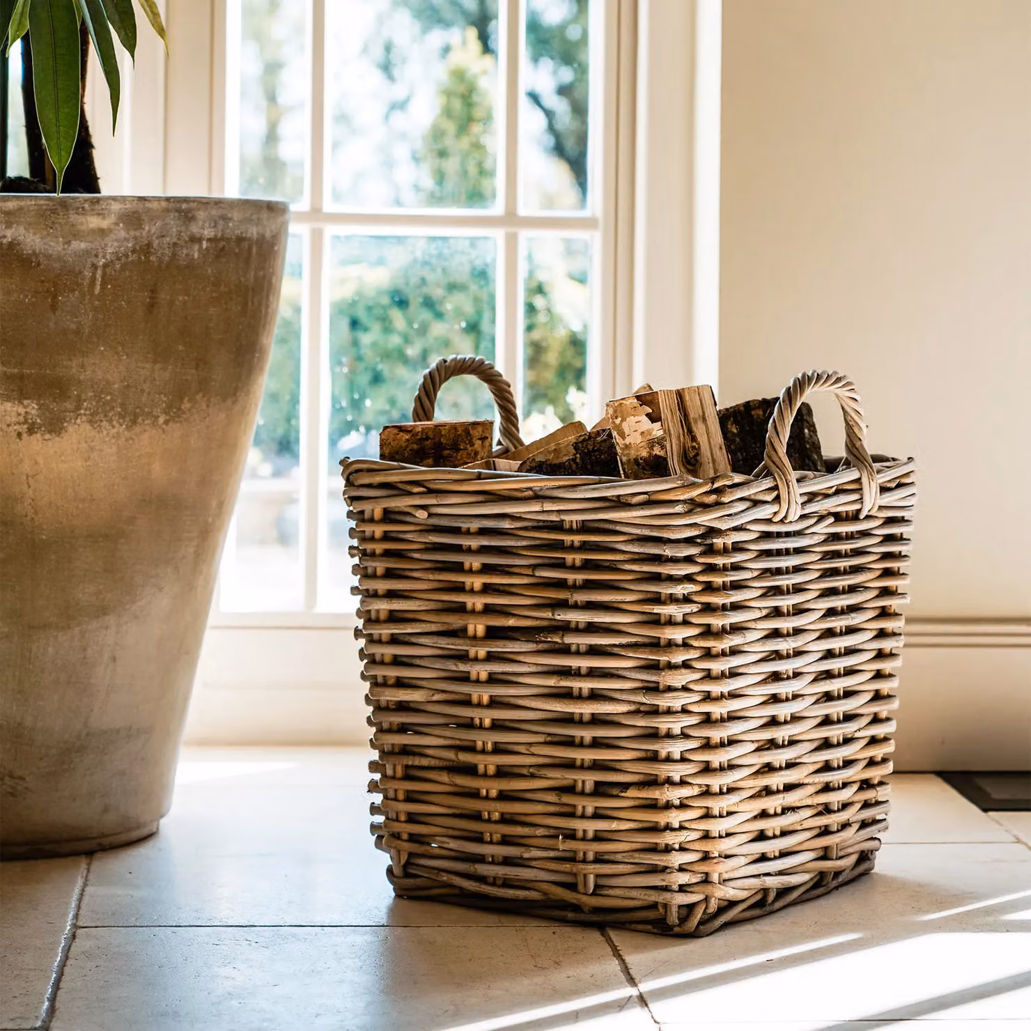 Ivyline Wicker Log Basket Set of 2 in Natural Beige with Handles, W/D/H: 45 x 50 x 40 cm and 40 x 35 cm – 3