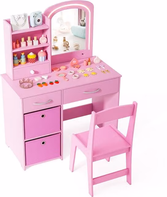 Costway Pink Childrens Hollywood LED Makeup Desk and Chair Set