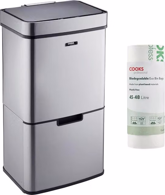 Cooks Professional 75L Recycling Sensor Bin with Dual Compartments and Removable Food Caddy in Silver – 1