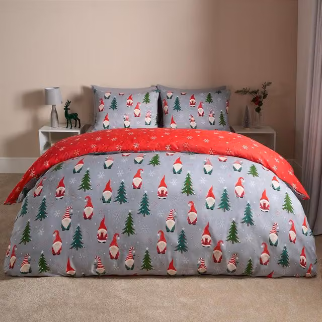 OHS Christmas Gonk Reversible Duvet Cover Set, Grey and Red, W: 90 cm x L: 200 cm