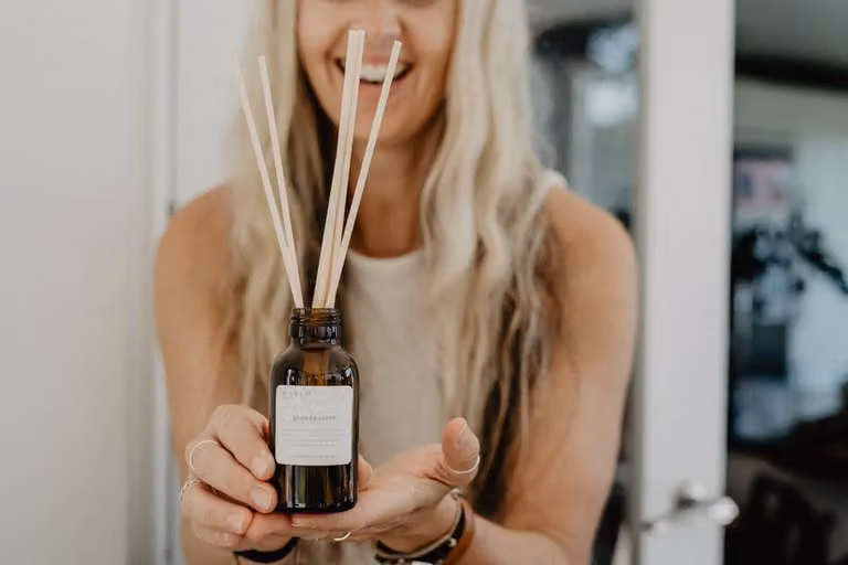 Imvelo Candle Co Definition Reed Diffuser Grandparent Pink Grapefruit and Basil in an Amber Glass Bottle