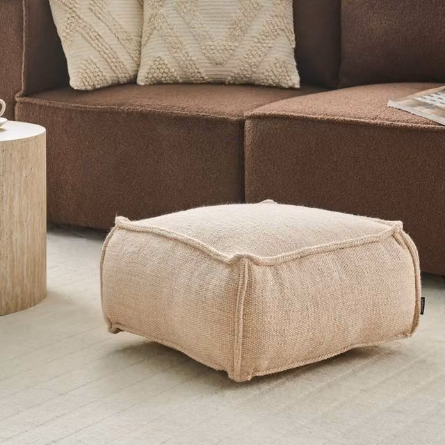 Wyld and Coco Beige Cotton Square Pouffe with Removable Cover and EPS Bead Filling
