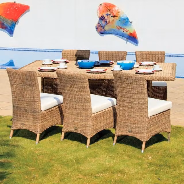 Cozy Bay Barcelona 6 Seat Rattan Dining Set with Rectangle Table in Brown and Yellow