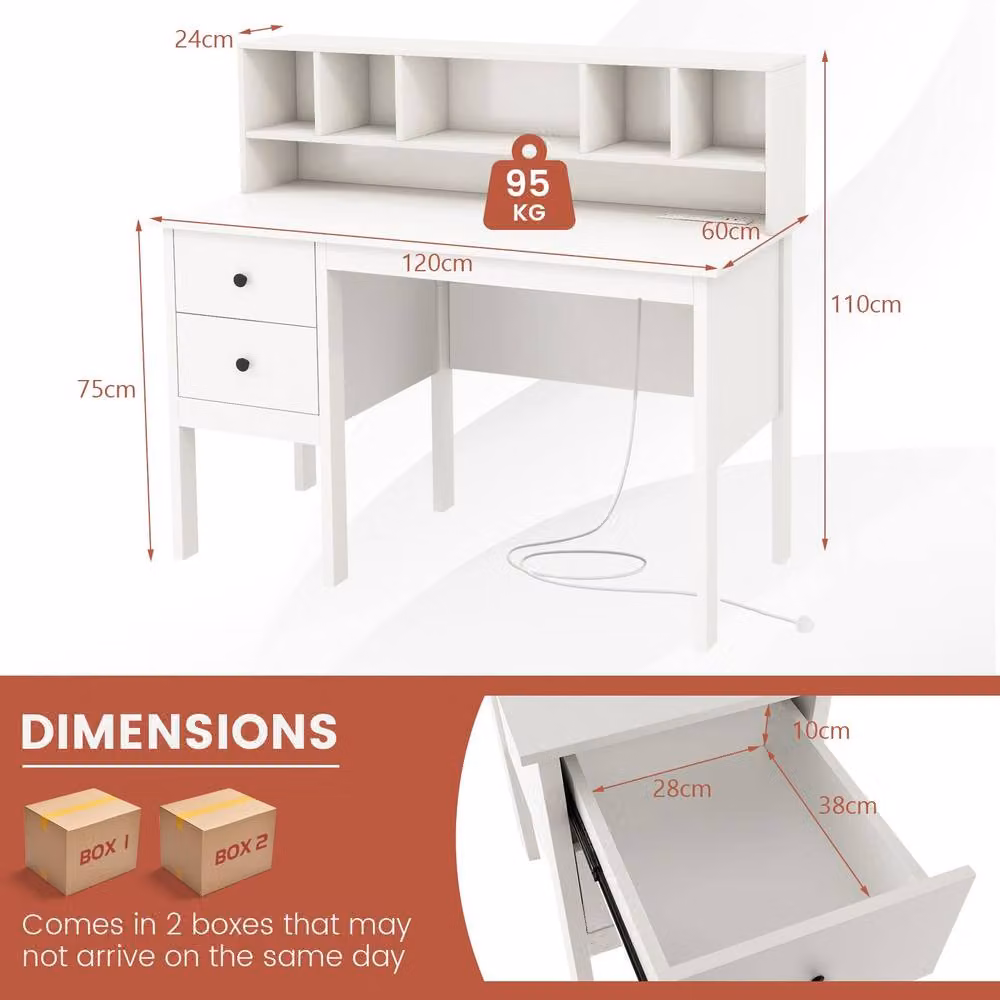 Gymax White Modern Computer Desk with Power Outlets and Drawers, W: 120 cm – 3