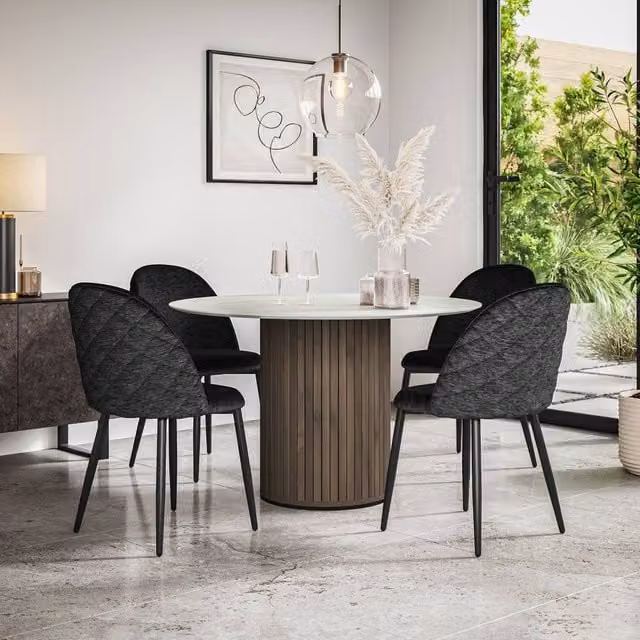 More4Homes Arlo White Marble Top Round Dining Table with Walnut Legs and 6 Black Raye Velvet Dining Chairs Set, W/D/H: 120 x 120 x 75 cm – 1