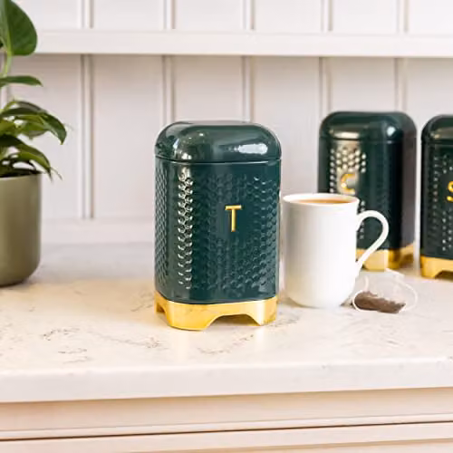 Lovello Tea Container in Green and Gold with Retro Curves and Textured Finish, H x W x D: 19.5 x 11.5 x 11.5 cm – 2