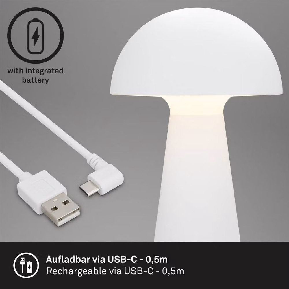 Briloner White Rechargeable LED Table Lamp, Dimmable Touch Control Mushroom Night Light, IP44 Waterproof Cordless Outdoor and Indoor Lamp, H 28 cm x W 16 cm x D 16 cm – 6