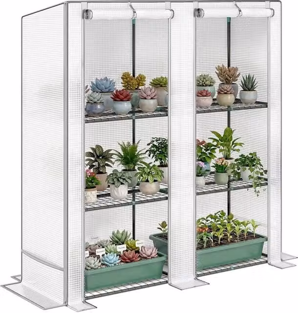 Kelvenix 3 Tier White Lean-to Pent Mini Greenhouse H: 152 cm x W: 48 cm x D: 144 cm