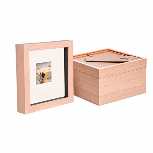 Nicola Spring 5-Pack Light Brown 3D Wooden Box Photo Frames with Ivory Mount, W/D/H: 15.24 x 15.24 x 8.89 cm