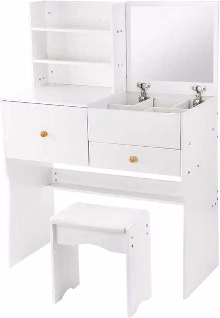 FORGEVIO Modern White Dressing Table with Mirror and Chair Set – 1