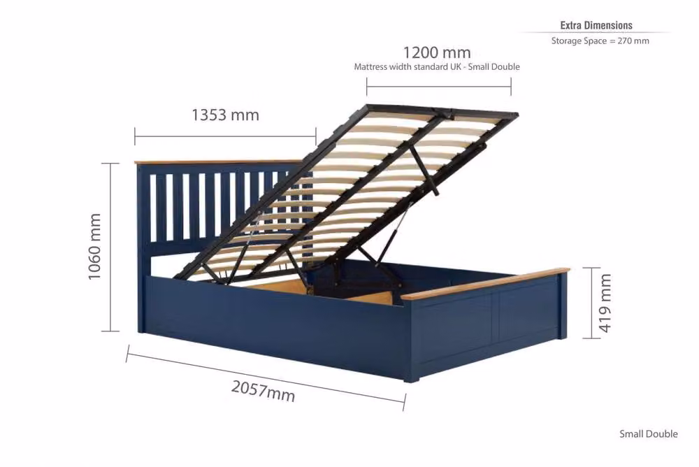 Birlea Small Double Ottoman Bed with Navy Blue Upholstery and Oak Wood Frame, W/D/H: 120 x 200 cm – 2