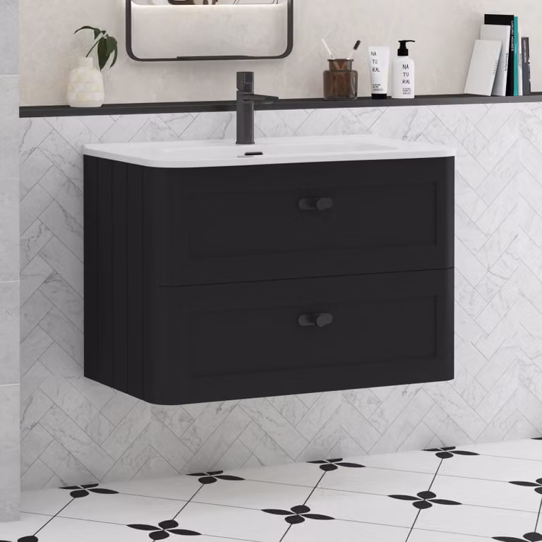 Royal Bathrooms Henley 800mm Wall Hung Vanity Unit in Matt Nocturne Black with 2 Drawers and Ceramic Basin