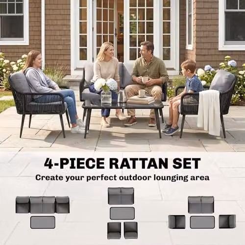 Outsunny 4 Seater Rattan Garden Furniture Set in Black with Upholstered Cushions and Coffee Table – 6