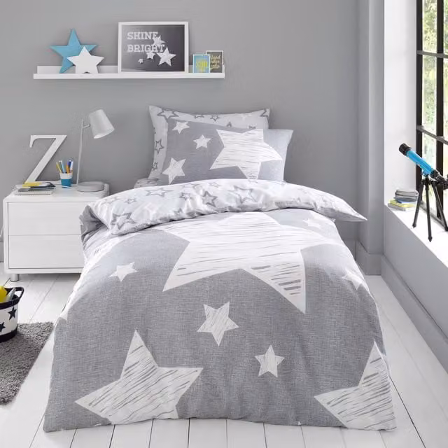 Smart Living Kids Superstar Printed Polycotton Duvet Cover, Fitted Sheet or Pillowcases in Grey