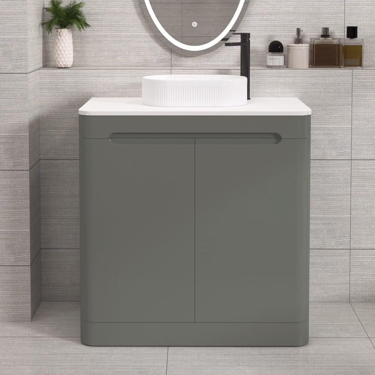 Royal Bathrooms Venice 800mm Sage Green Floor Standing 2 Door Vanity Unit with Plain White Worktop and Lyon Basin