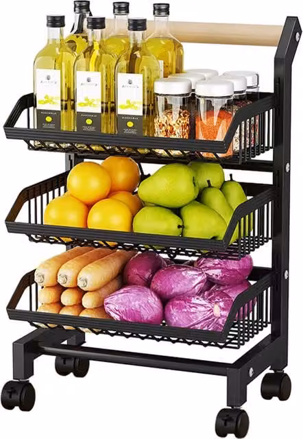 Livingandhome Multi-Tier Kitchen Trolley in Black with Adjustable Shelves