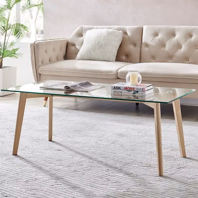 FurnitureboxUK Malmo Rectangular Coffee Table with Transparent Glass Top and Brown Beech Wood Legs