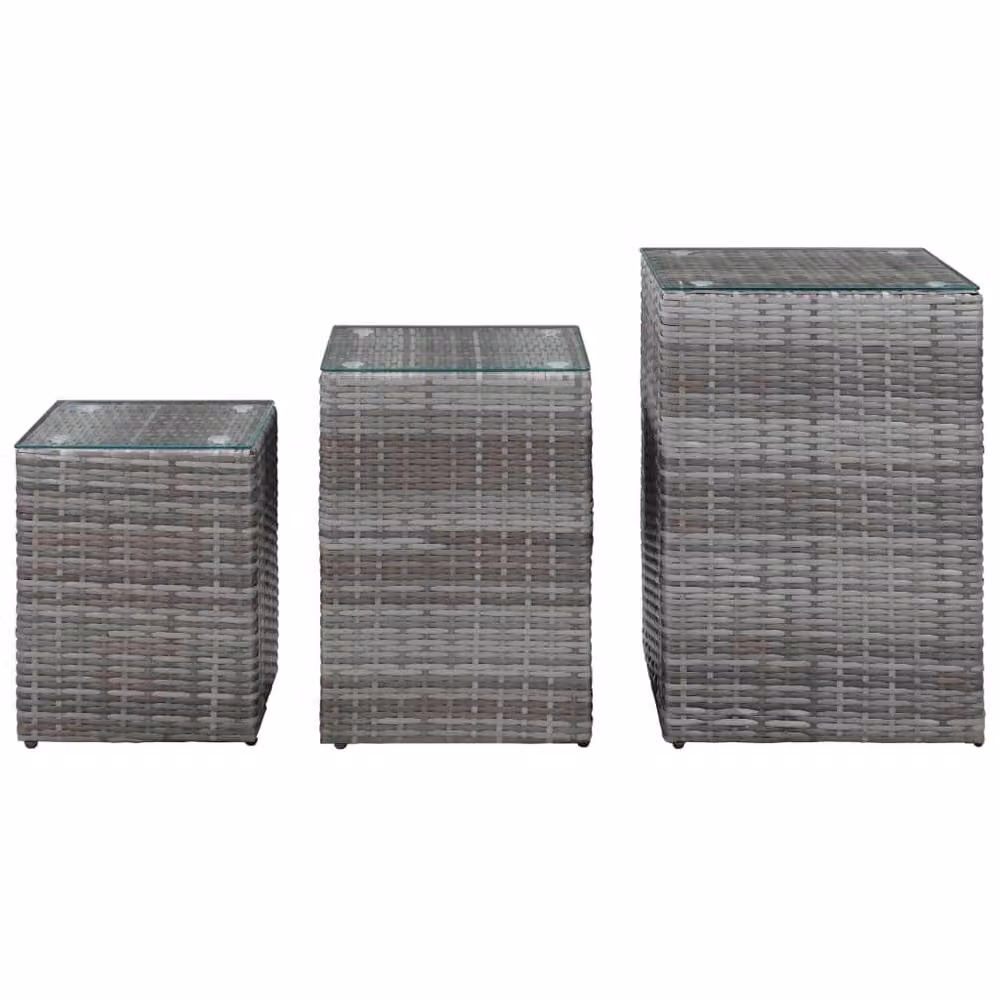 Berkfield Home Set of 3 Grey Poly Rattan Side Tables with Glass Tops – 2